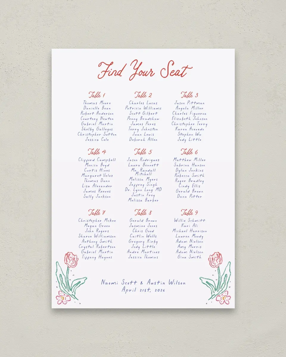 This is a 20" x 28" Seating Chart Sign called Whimsy Love printed in full color
