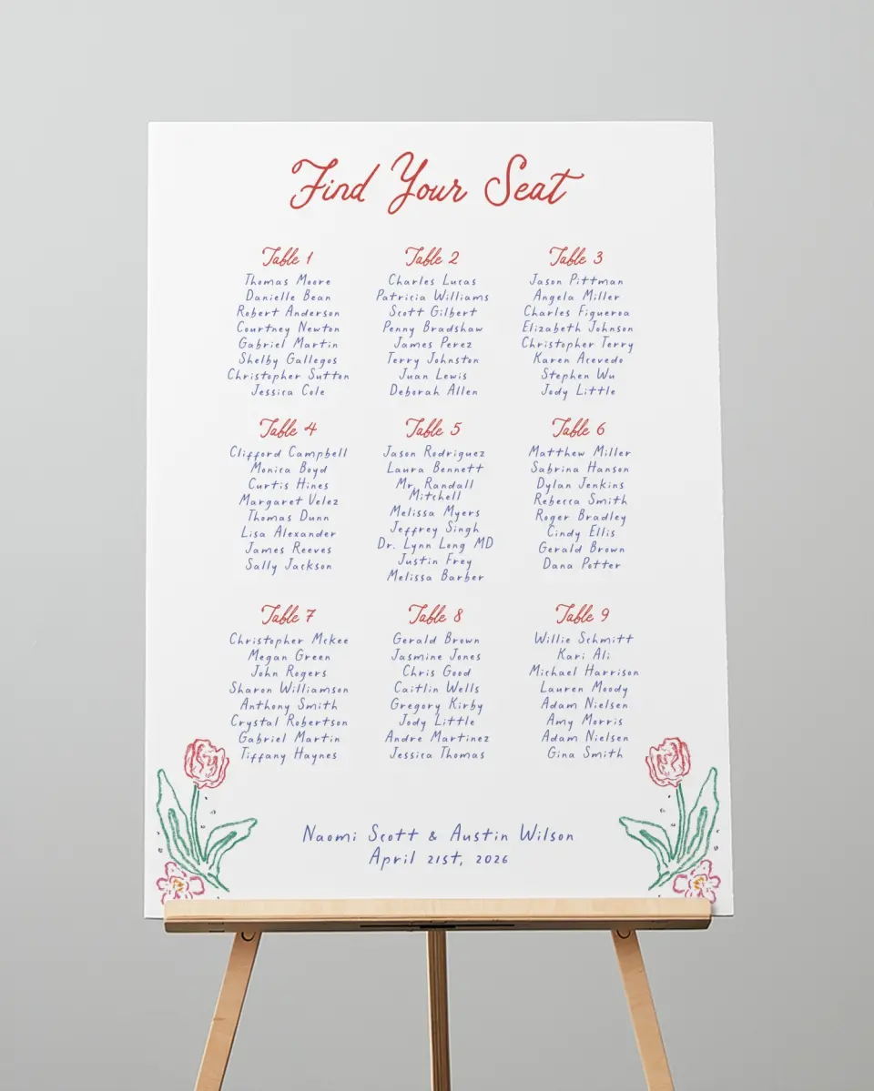 This is a 20" x 28" Seating Chart Sign called Whimsy Love printed in full color