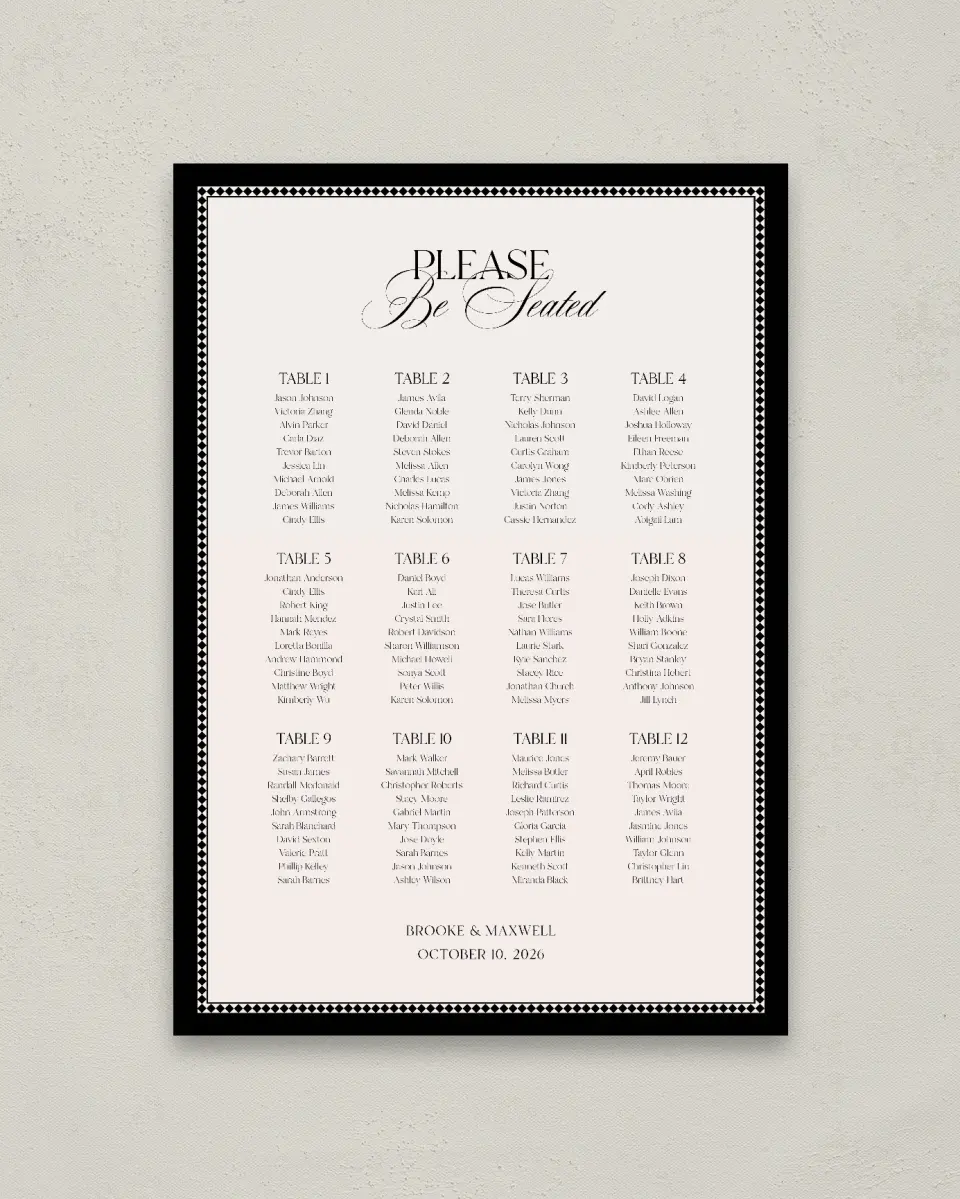 This is a 20" x 28" Seating Chart Sign called Greenwich printed in full color