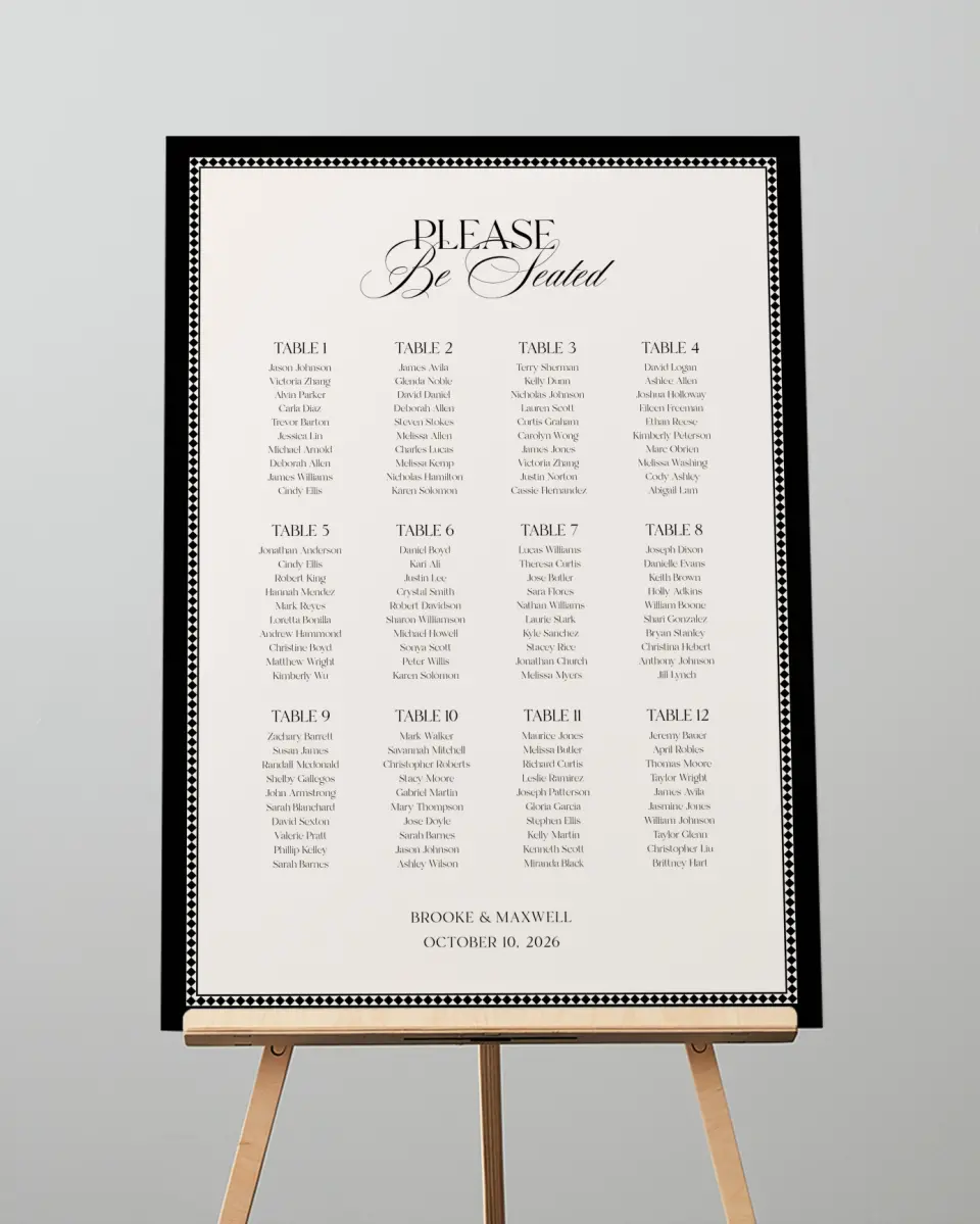 This is a 20" x 28" Seating Chart Sign called Greenwich printed in full color