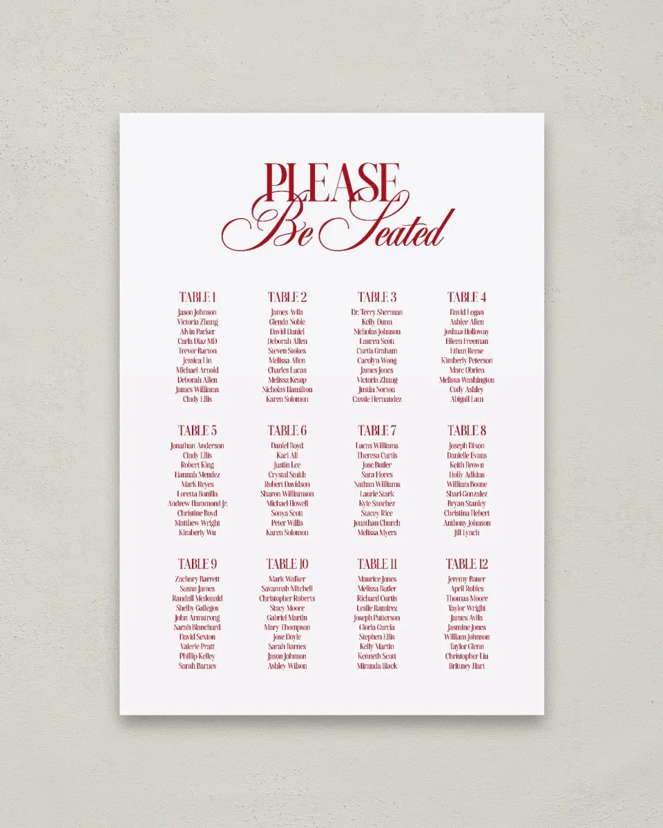 This is a 20" x 28" Seating Chart Sign called Montecito printed in full color