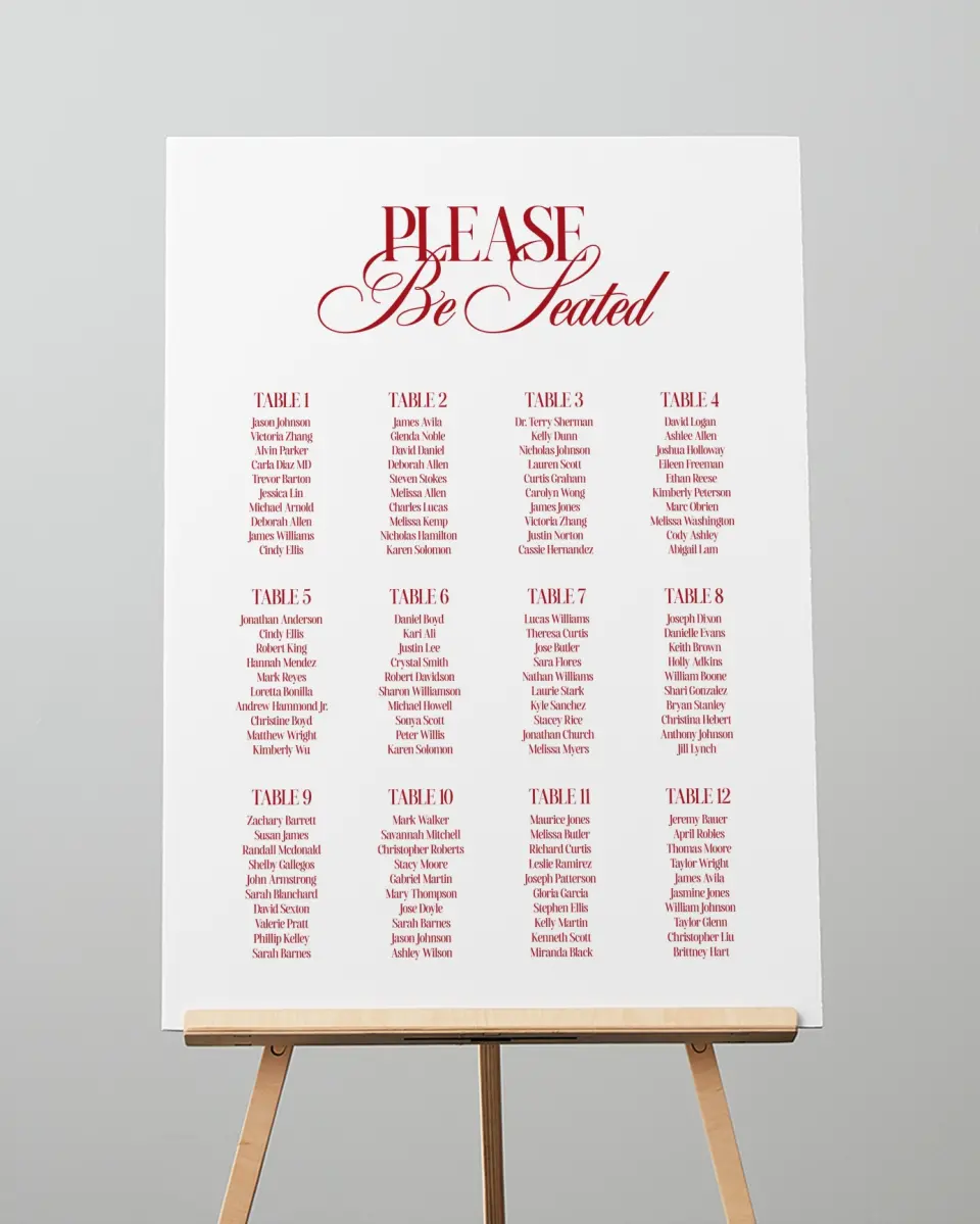 This is a 20" x 28" Seating Chart Sign called Montecito printed in full color