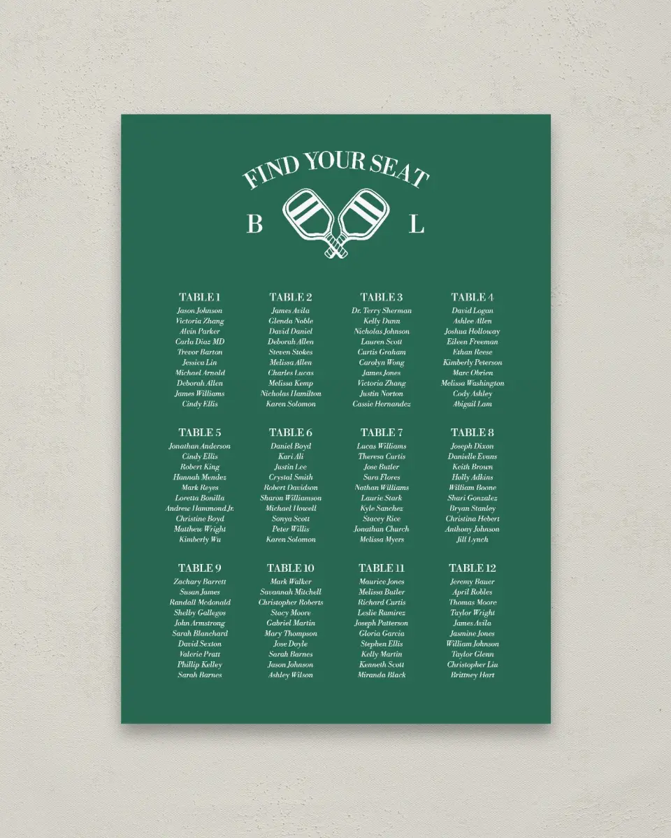 This is a 20" x 28" Seating Chart Sign called Serving Up Forever printed in full color