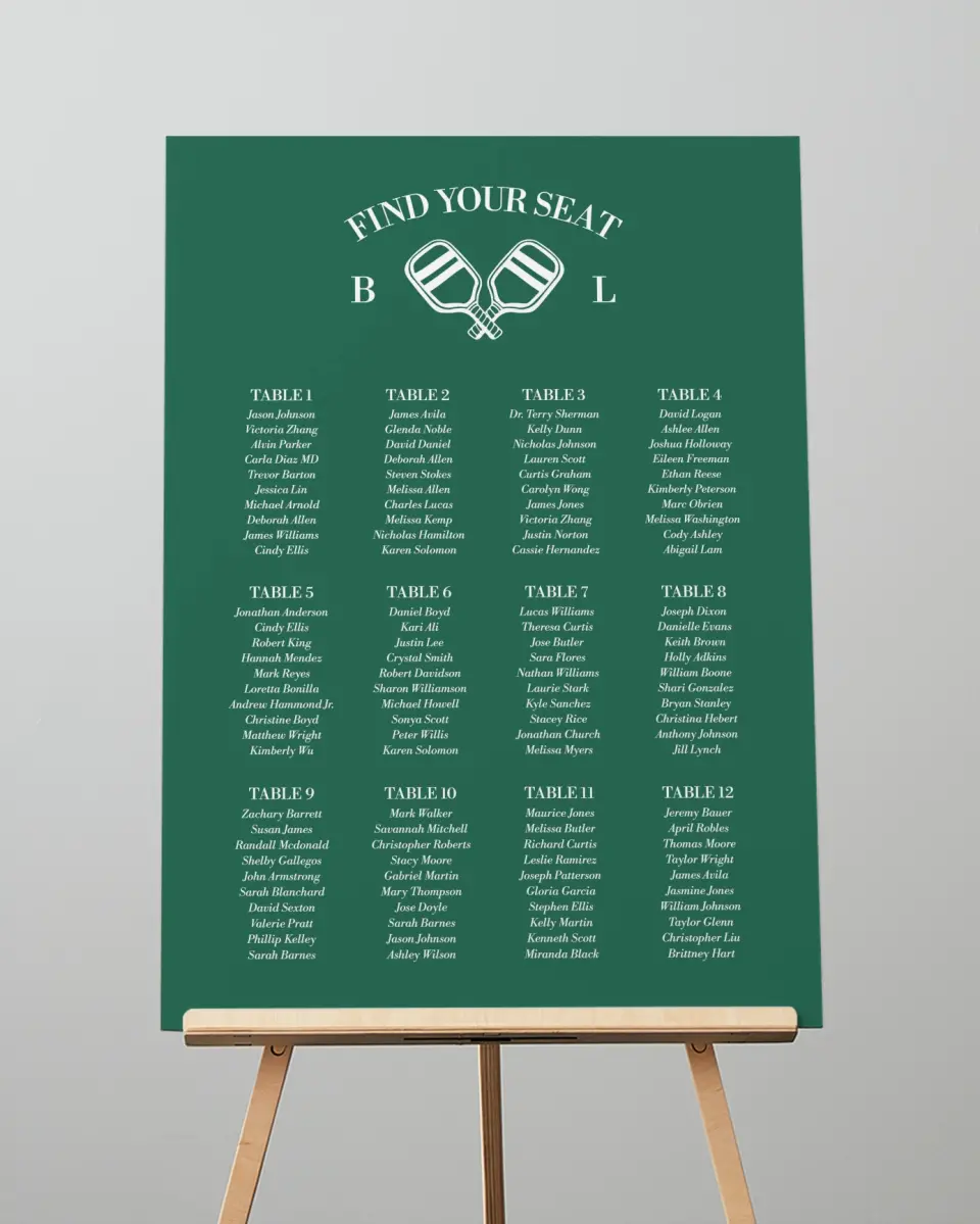 This is a 20" x 28" Seating Chart Sign called Serving Up Forever printed in full color