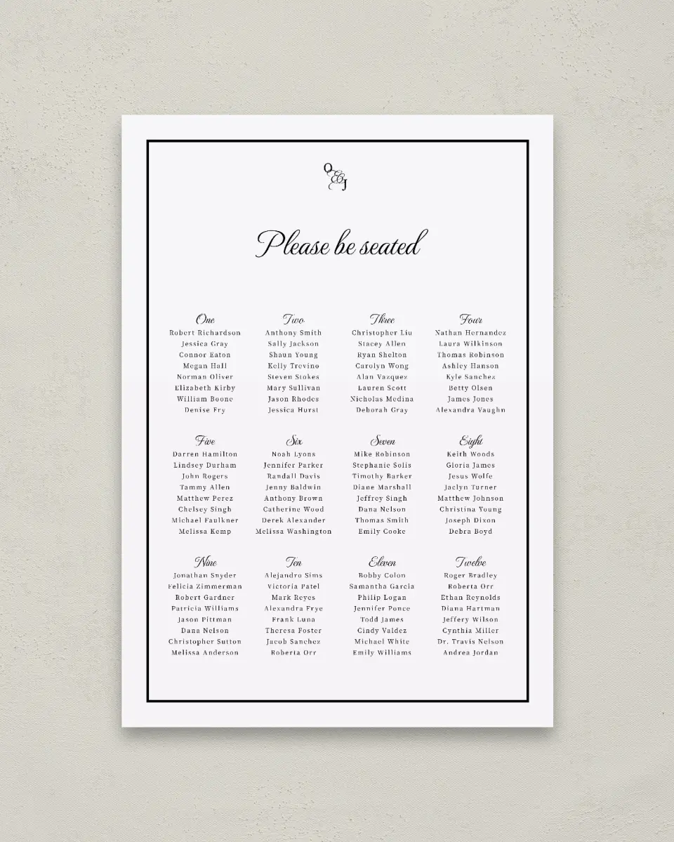 This is a 20" x 28" Seating Chart Sign called Scarsdale printed in full color