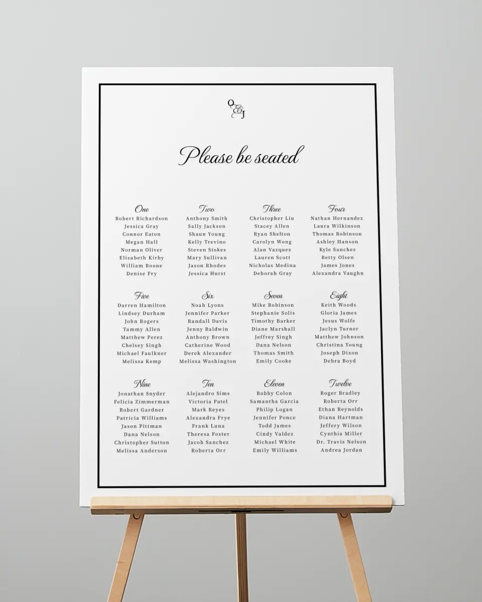 This is a 20" x 28" Seating Chart Sign called Scarsdale printed in full color