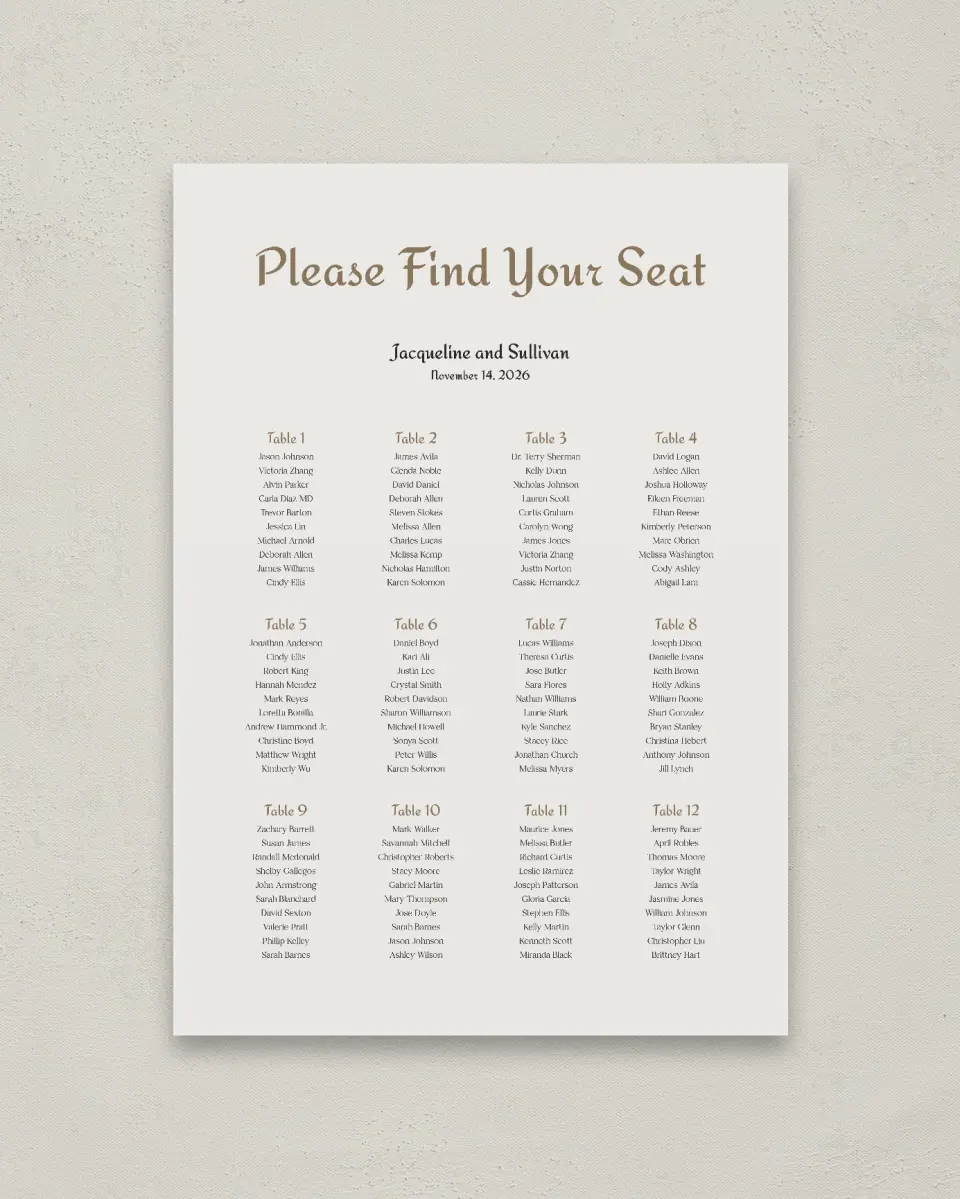This is a 20" x 28" Seating Chart Sign called Lafayette printed in full color with Silver foil