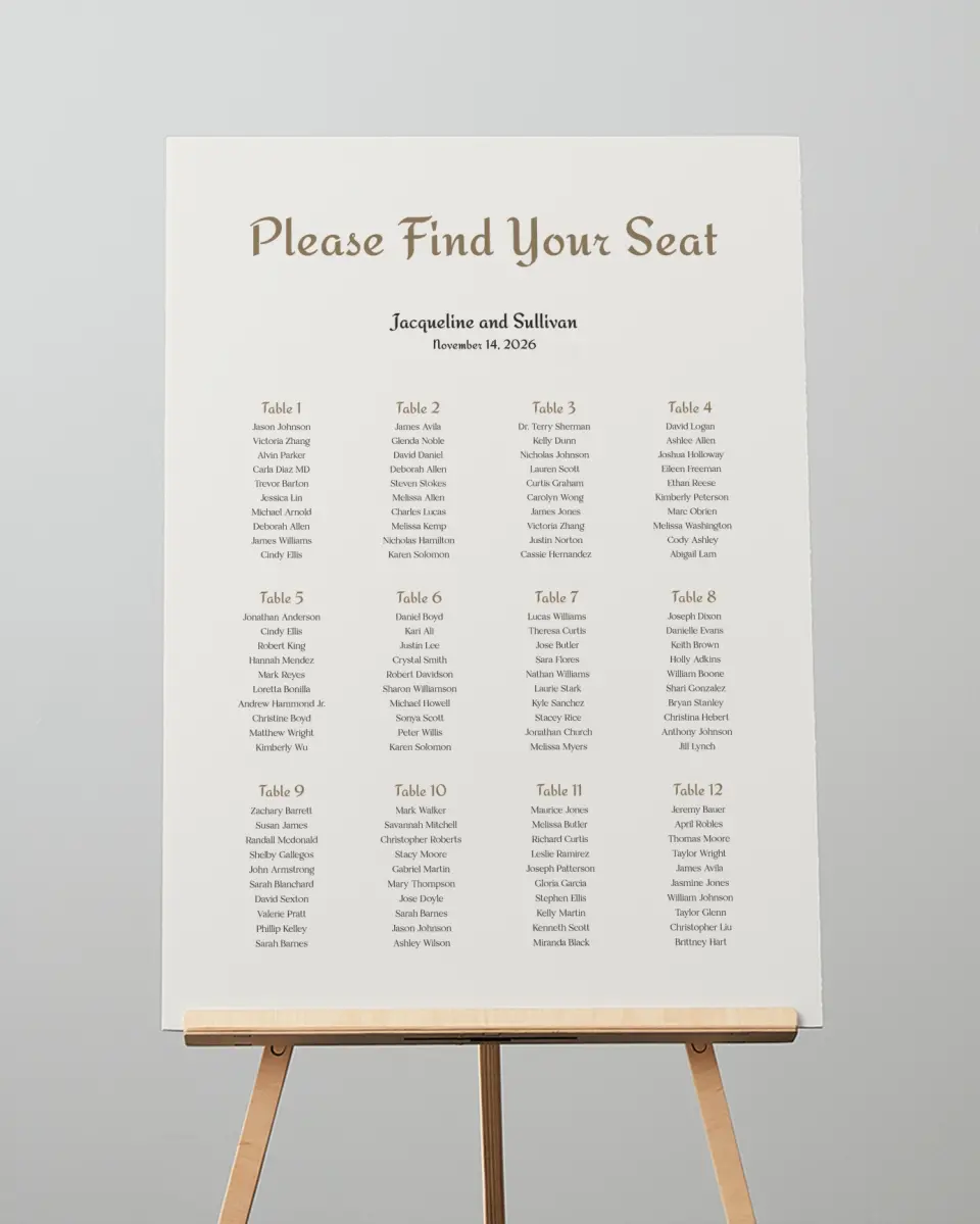 This is a 20" x 28" Seating Chart Sign called Lafayette printed in full color