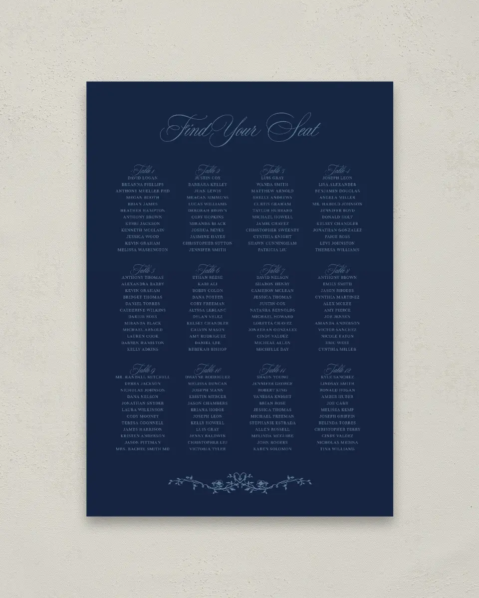 This is a 20" x 28" Seating Chart Sign called Berkeley printed in full color