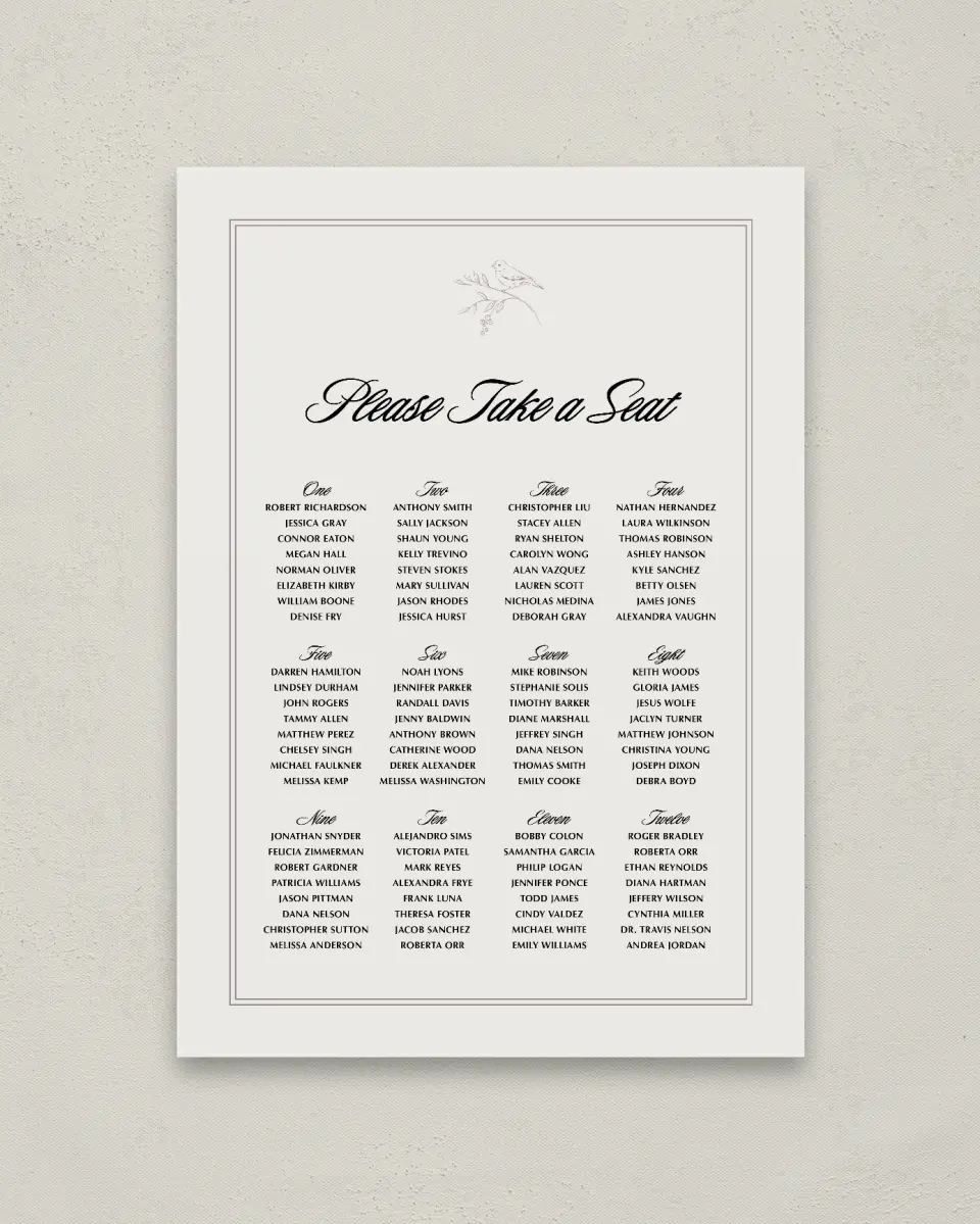 This is a 20" x 28" Seating Chart Sign called Charleston printed in full color