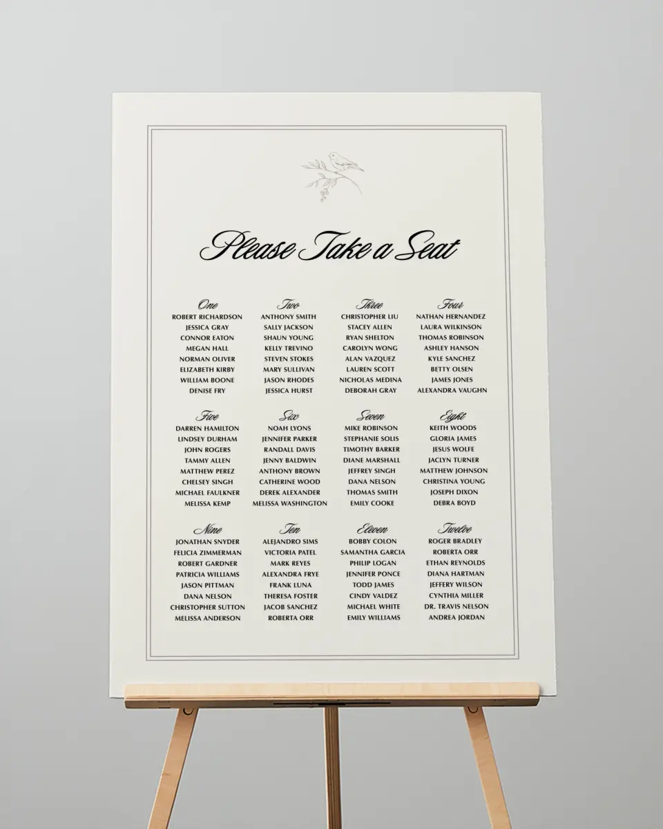 This is a 20" x 28" Seating Chart Sign called Charleston printed in full color