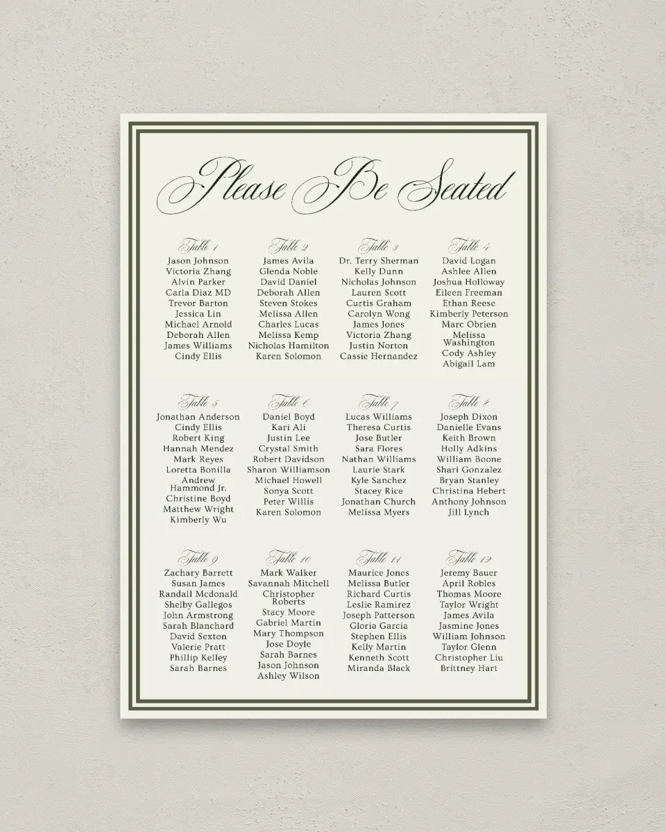 This is a 20" x 28" Seating Chart Sign called Hillsborough printed in full color with Silver foil