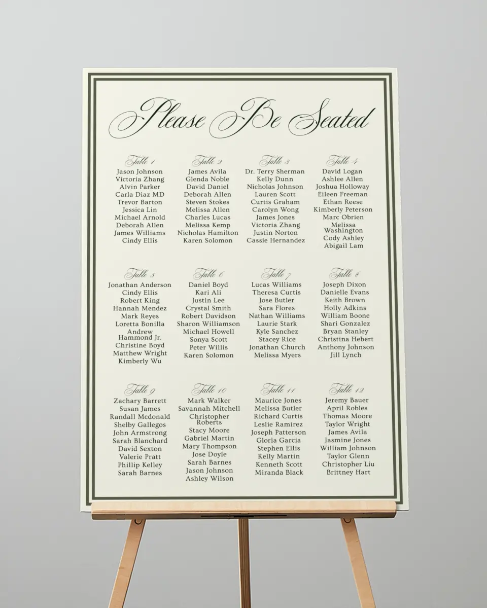 This is a 20" x 28" Seating Chart Sign called Hillsborough printed in full color