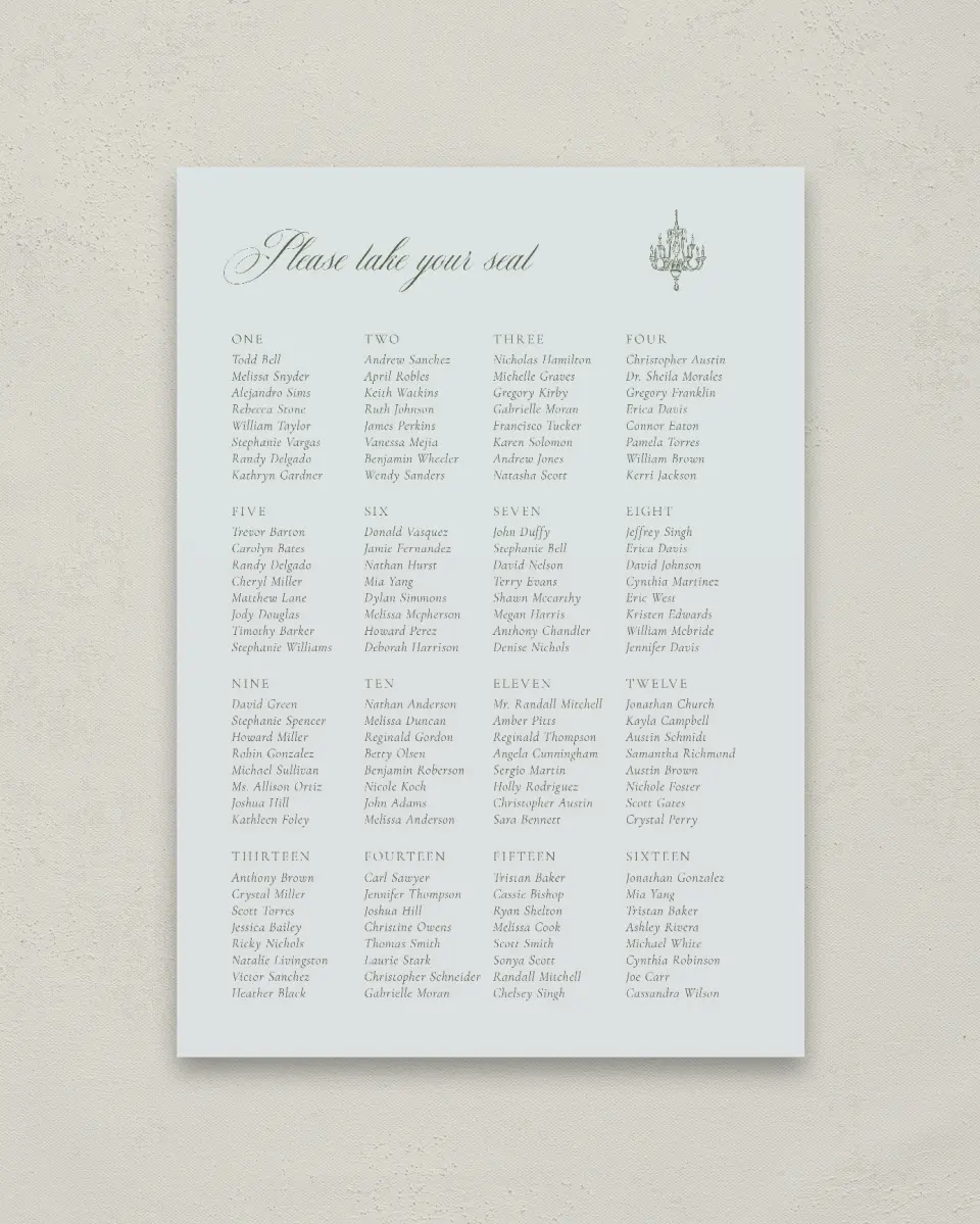 This is a 20" x 28" Seating Chart Sign called Foxfire printed in full color