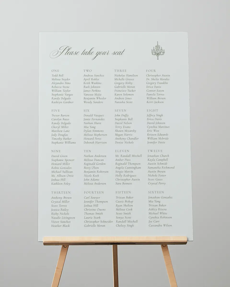 This is a 20" x 28" Seating Chart Sign called Foxfire printed in full color