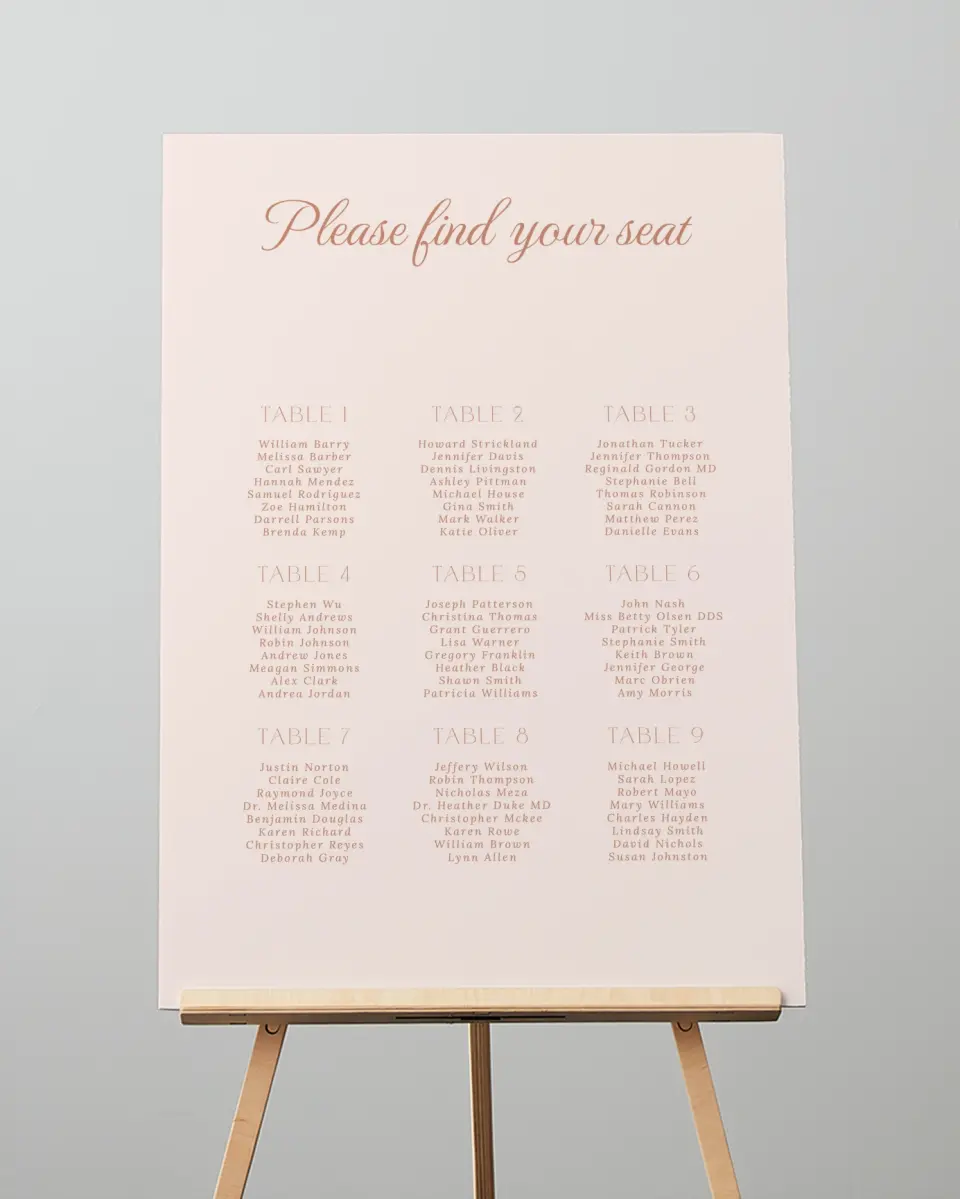 This is a 20" x 28" Seating Chart Sign called Bridgetown printed in full color
