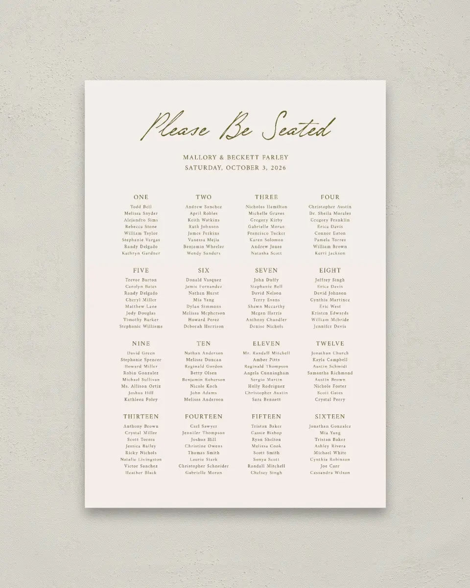 This is a 20" x 28" Seating Chart Sign called Ivyhill printed in full color with Rose Gold foil