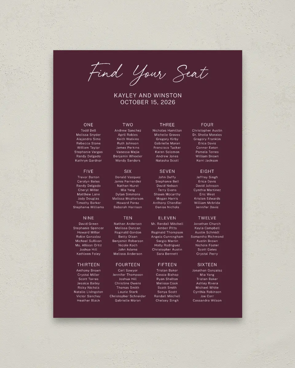 This is a 20" x 28" Seating Chart Sign called The Wilclift printed in full color with Silver foil