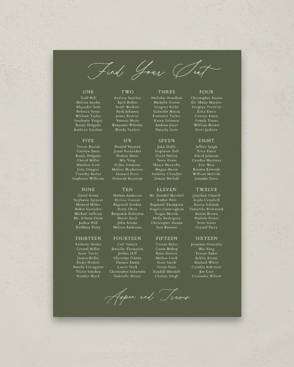 This is a 20" x 28" Seating Chart Sign called Willowmere printed in full color