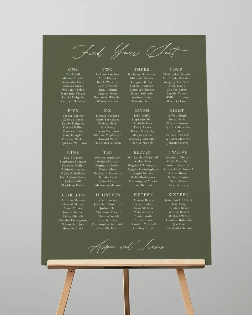 This is a 20" x 28" Seating Chart Sign called Willowmere printed in full color