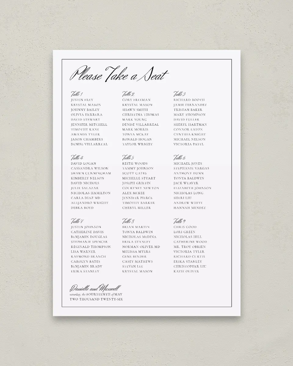 This is a 20" x 28" Seating Chart Sign called Commonwealth Club printed in full color with Silver foil