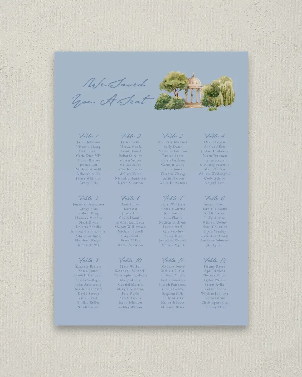 This is a 20" x 28" Seating Chart Sign called Rosewood printed in full color