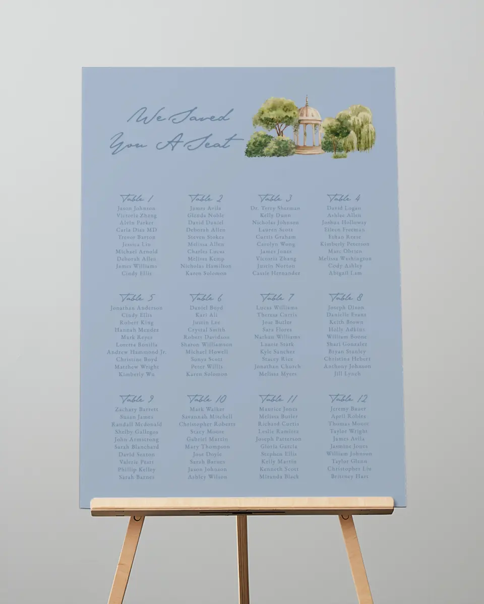 This is a 20" x 28" Seating Chart Sign called Rosewood printed in full color