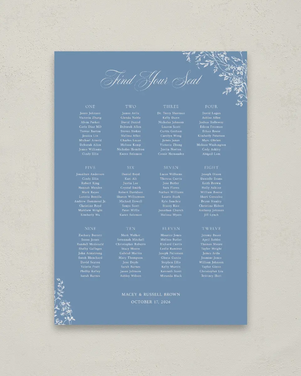 This is a 20" x 28" Seating Chart Sign called Vintage Reverie printed in full color