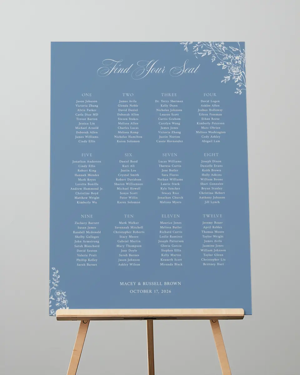 This is a 20" x 28" Seating Chart Sign called Vintage Reverie printed in full color