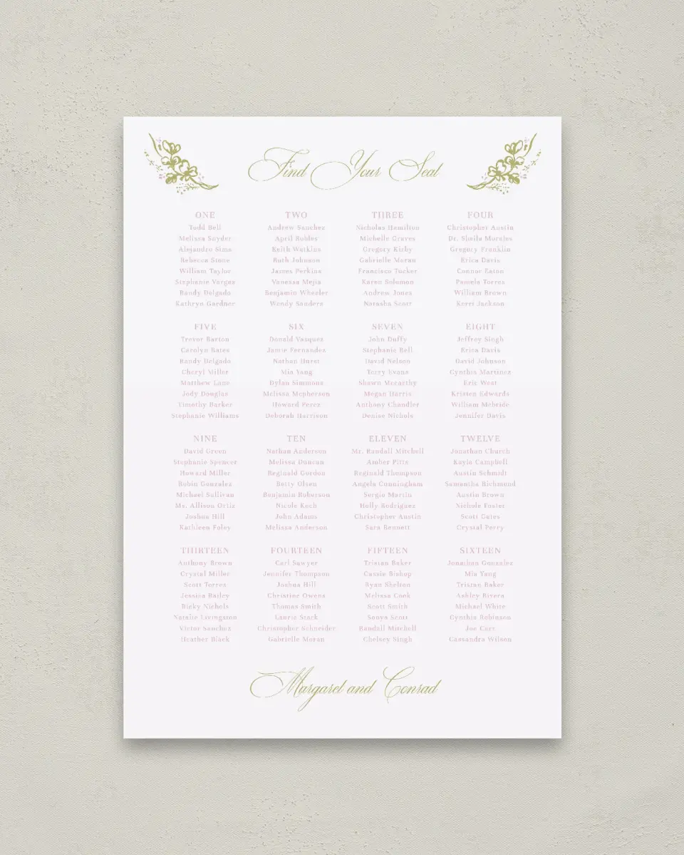 This is a 20" x 28" Seating Chart Sign called Evening in Bloom printed in full color