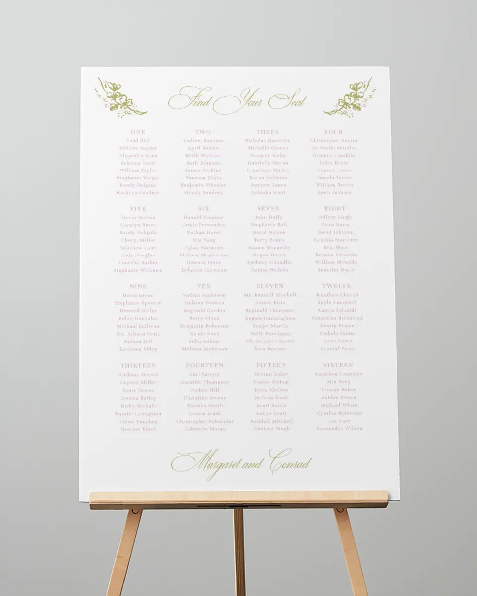 This is a 20" x 28" Seating Chart Sign called Evening in Bloom printed in full color