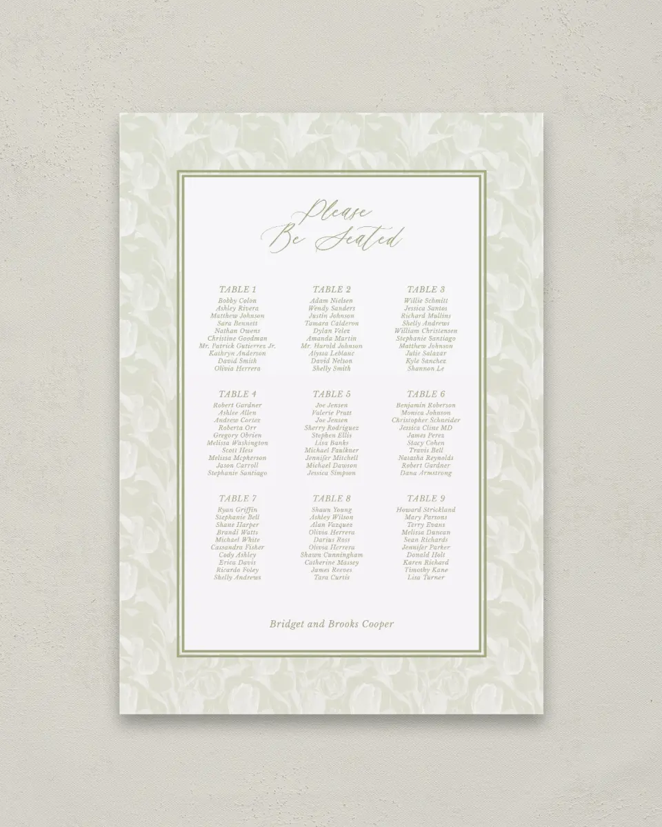 This is a 20" x 28" Seating Chart Sign called Timeless Tulips printed in full color