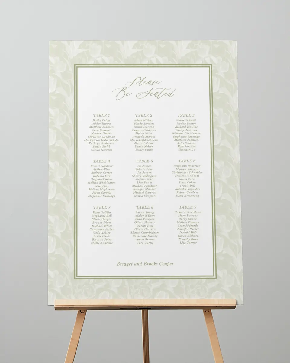This is a 20" x 28" Seating Chart Sign called Timeless Tulips printed in full color