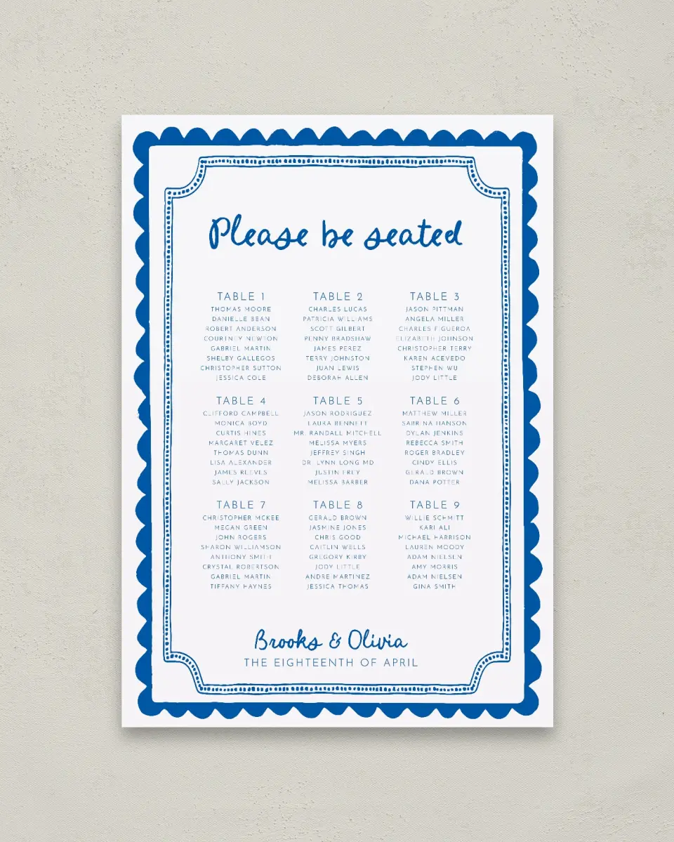 This is a 20" x 28" Seating Chart Sign called Scalloped Elegance printed in full color