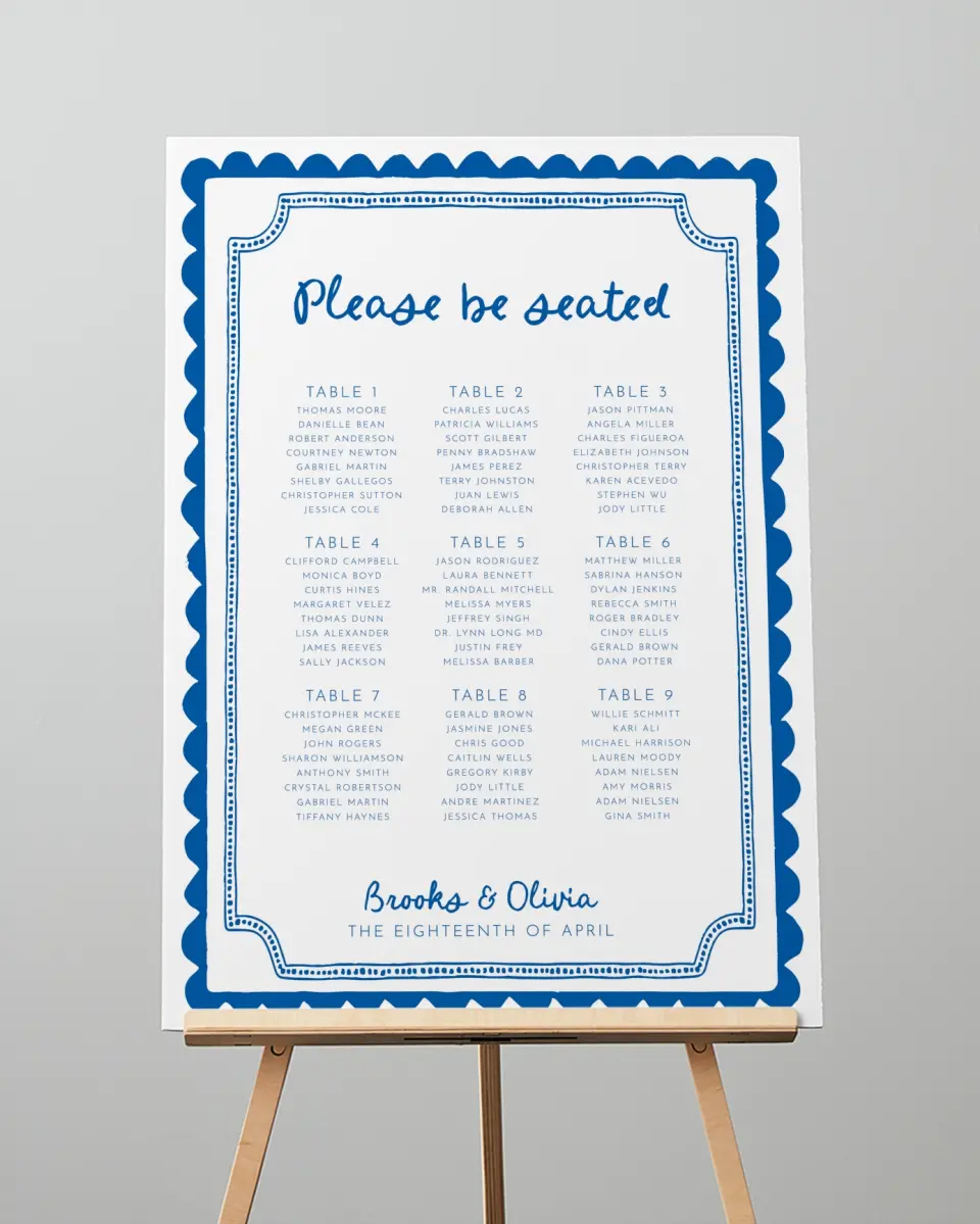 This is a 20" x 28" Seating Chart Sign called Scalloped Elegance printed in full color