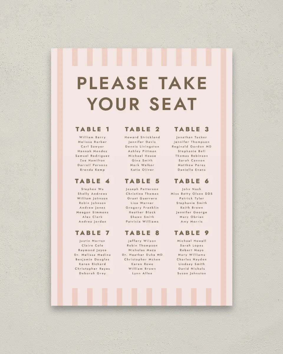This is a 20" x 28" Seating Chart Sign called Serendipity & Stripes printed in full color