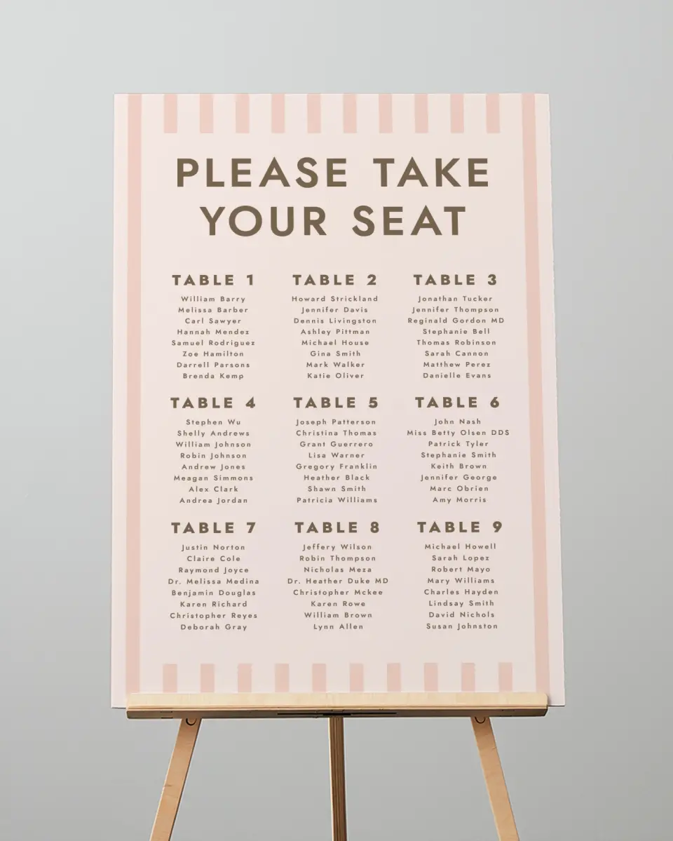 This is a 20" x 28" Seating Chart Sign called Serendipity & Stripes printed in full color