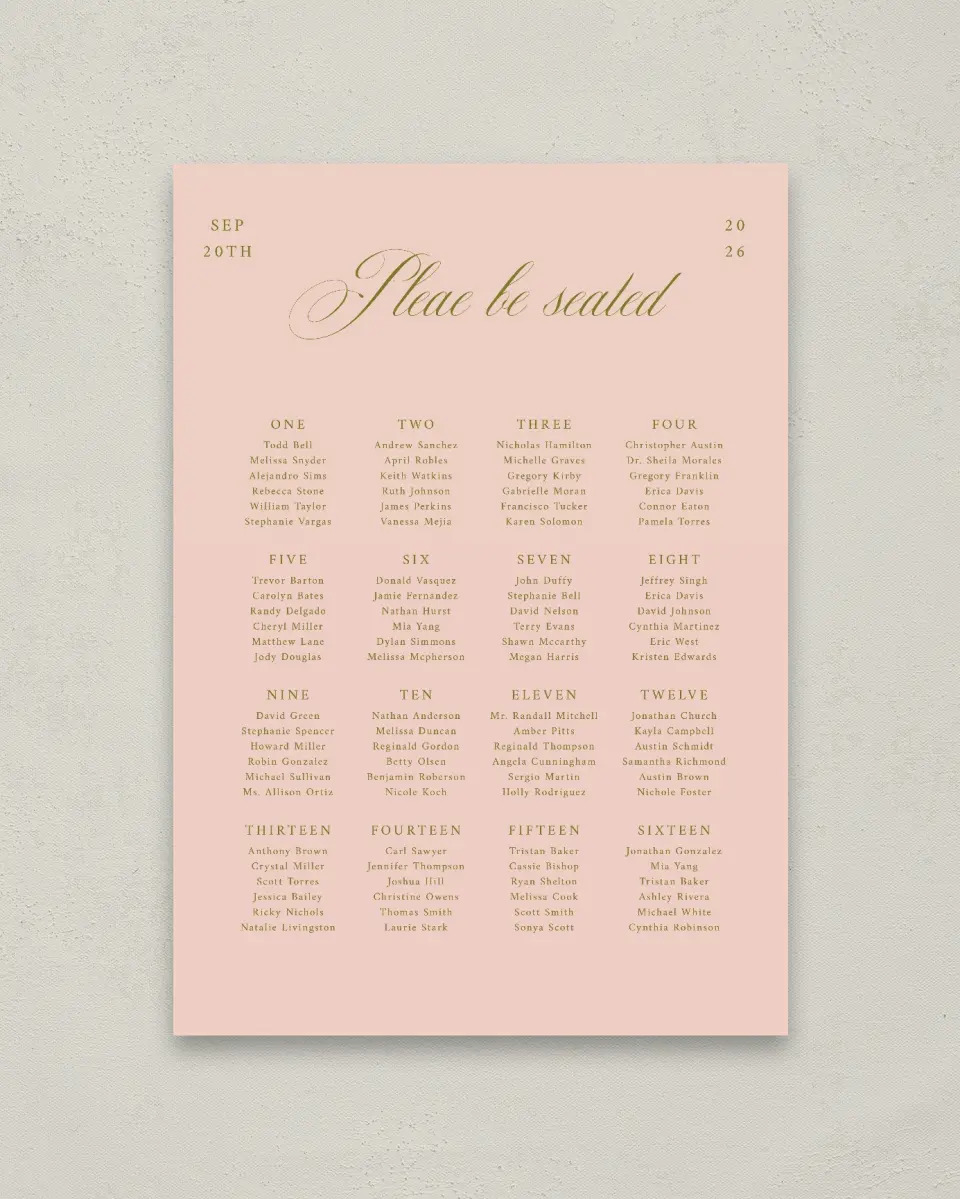 This is a 20" x 28" Seating Chart Sign called Love Off Script printed in full color