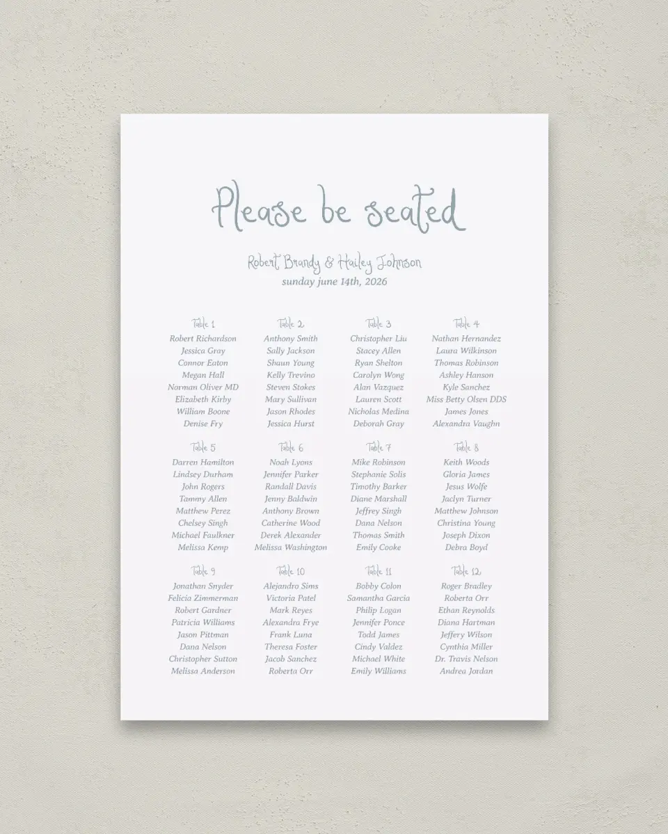 This is a 20" x 28" Seating Chart Sign called Soft Meadows printed in full color
