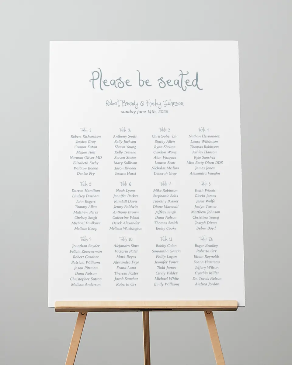 This is a 20" x 28" Seating Chart Sign called Soft Meadows printed in full color