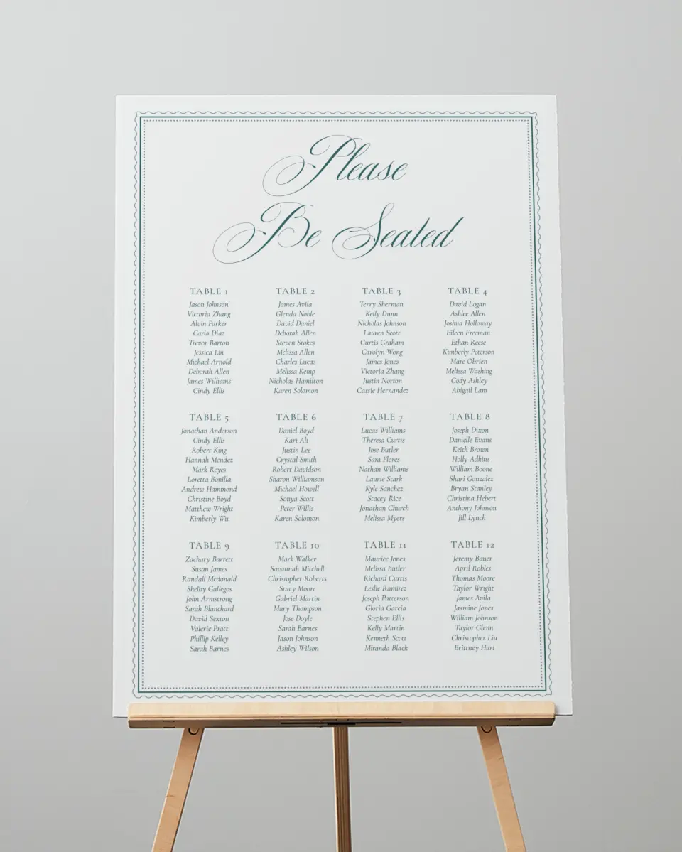 This is a 20" x 28" Seating Chart Sign called Delicate Vintage printed in full color