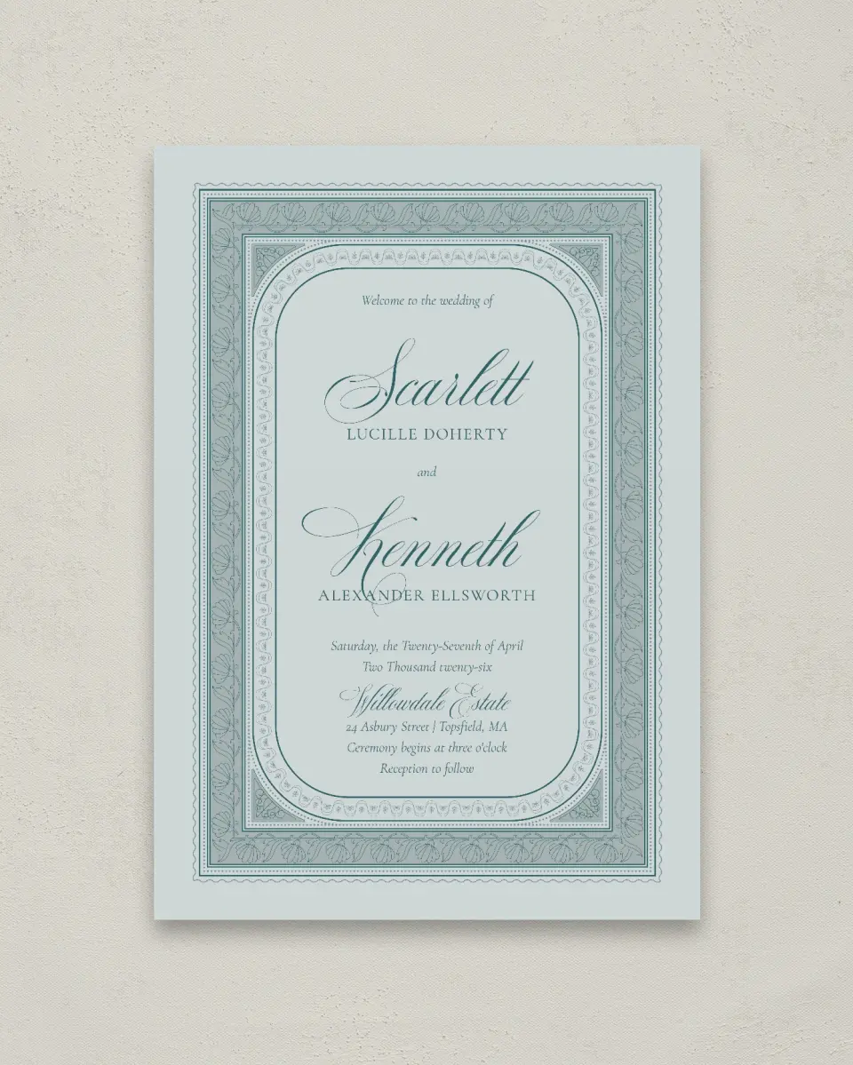 This is a 20" x 28" Welcome Sign called Delicate Vintage printed in full color with Silver foil