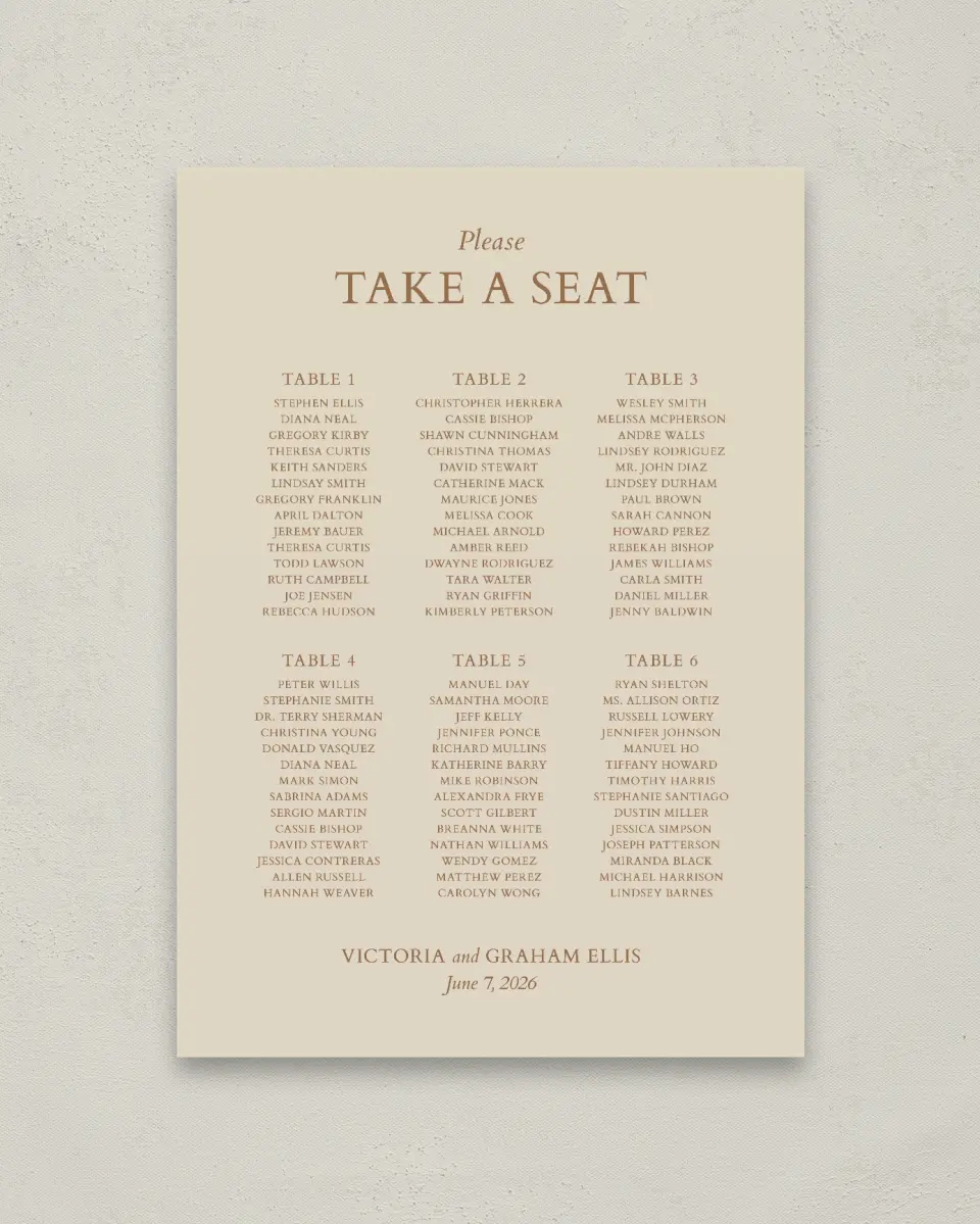 This is a 20" x 28" Seating Chart Sign called Soft Branchlets printed in full color