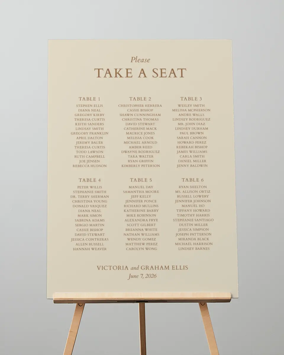 This is a 20" x 28" Seating Chart Sign called Soft Branchlets printed in full color