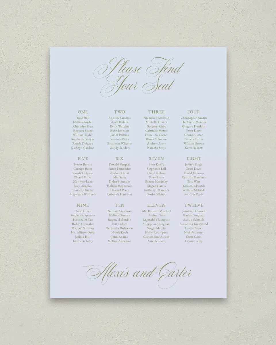 This is a 20" x 28" Seating Chart Sign called Signature Vows printed in full color