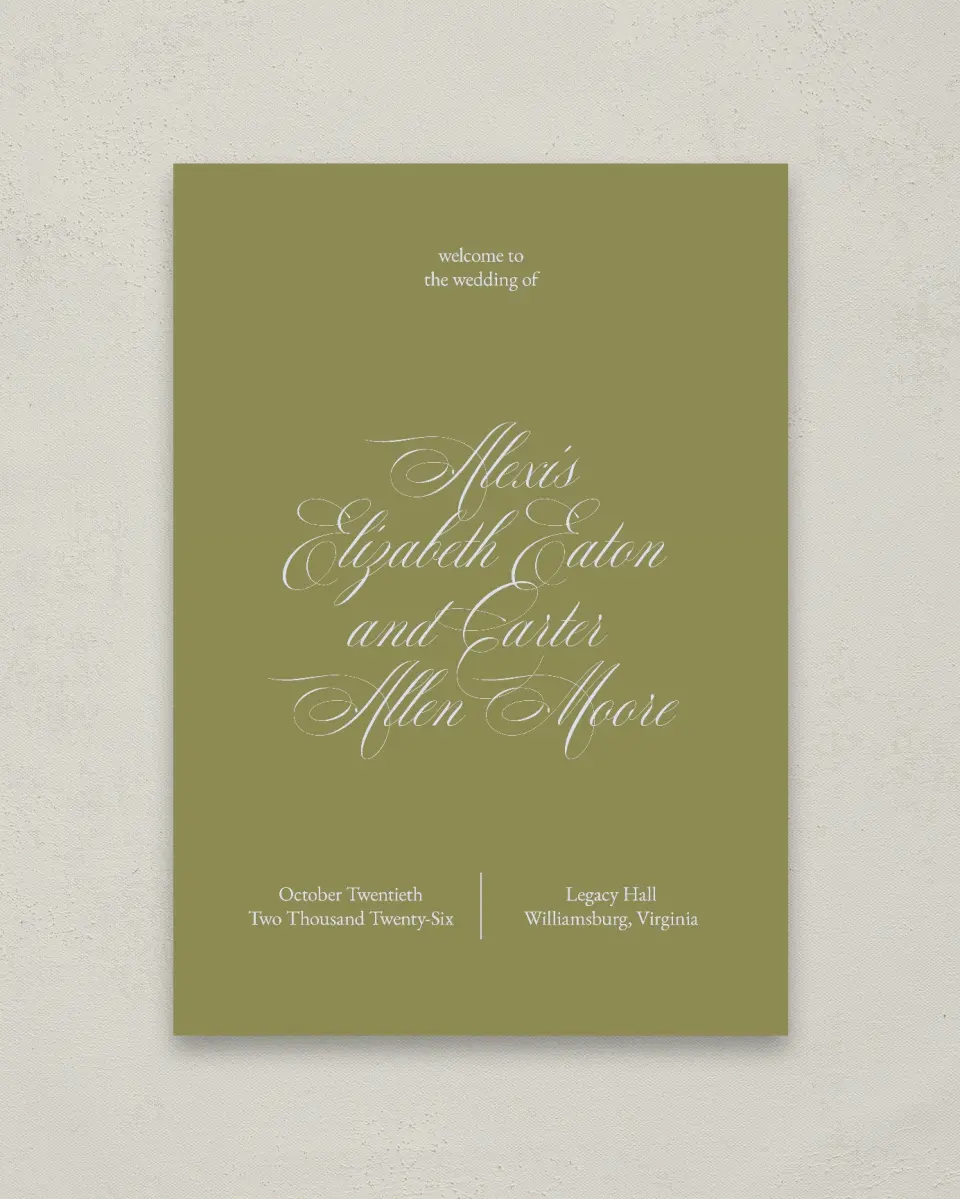 This is a 20" x 28" Welcome Sign called Signature Vows printed in full color with Silver foil