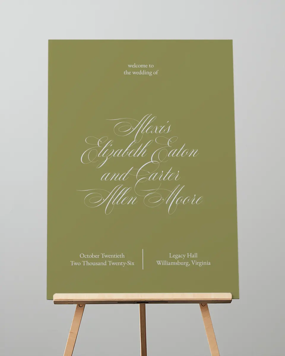 This is a 20" x 28" Welcome Sign called Signature Vows printed in full color with Silver foil