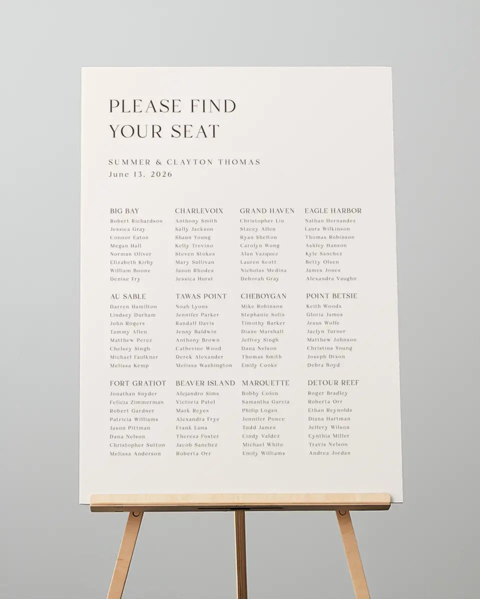 This is a 20" x 28" Seating Chart Sign called Beacon of Love printed in full color with Silver foil