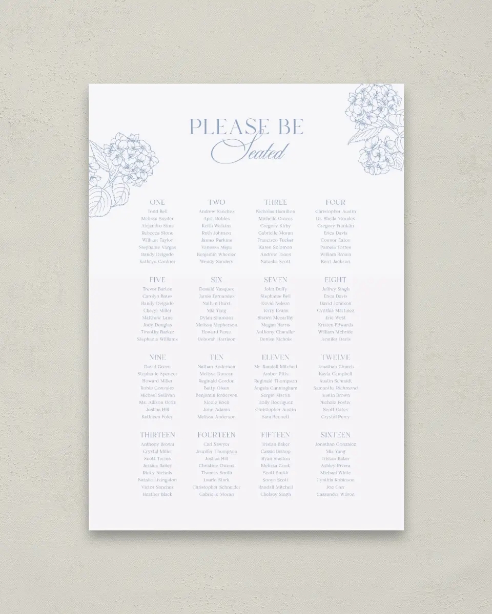 This is a 20" x 28" Seating Chart Sign called Woven Serenity printed in full color
