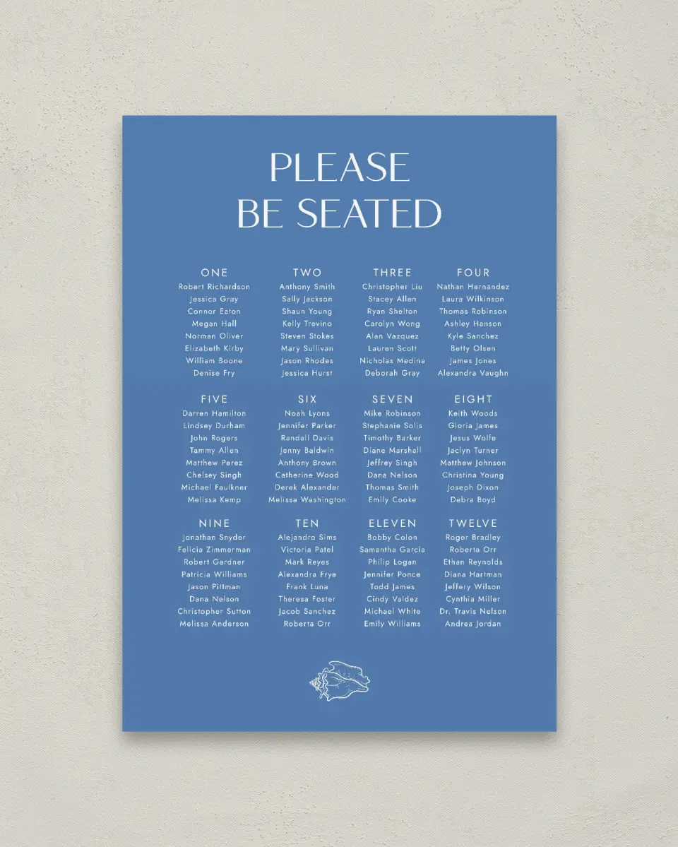 This is a 20" x 28" Seating Chart Sign called Seaside Serenade printed in full color